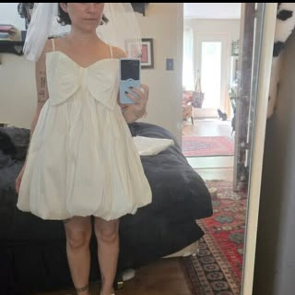 NWT White Taffeta Bubble Bow Mini Dress XS - Picture 2 of 3
